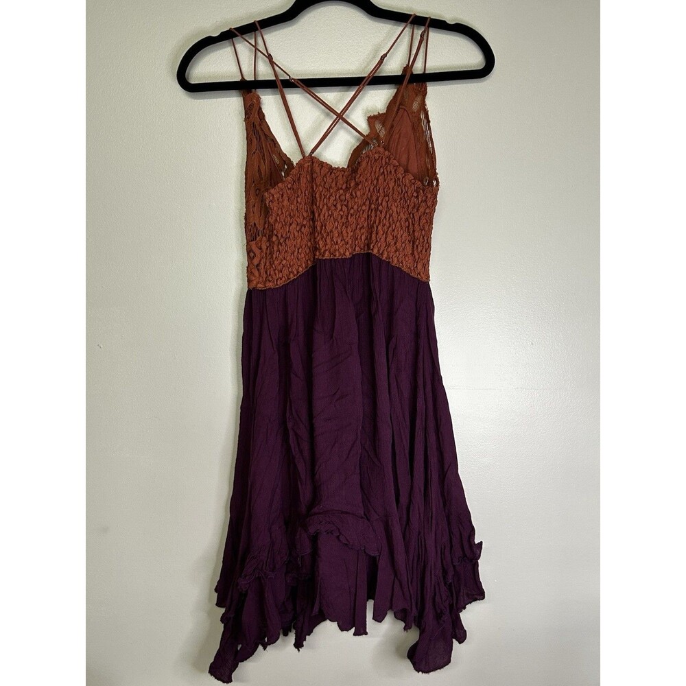 Free People Adella slip dress rust-colored crochet lace bodice tiered plum skirt - Picture 2 of 8